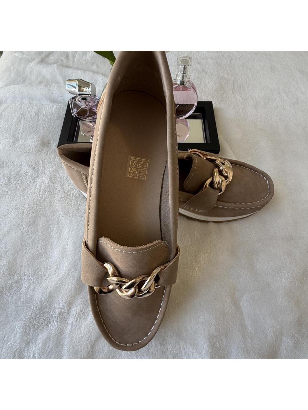 Tan Women's Loafers with Gold Chain Detail Size 10